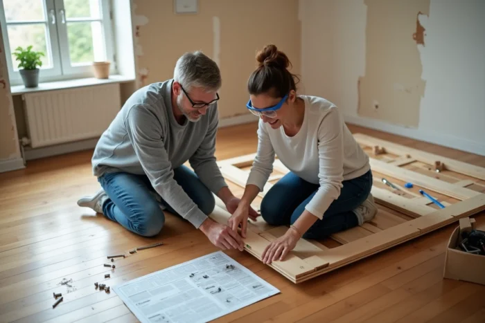 Couple assemblant des meubles en kit sur le sol d'une chambre en cours de rénovation avec outils et notice