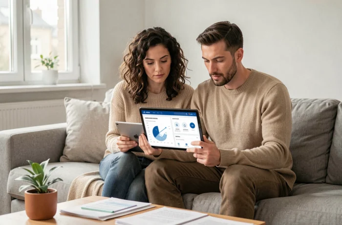 Couple étudiant ensemble leurs options d'assurance sur une tablette numérique dans leur salon moderne