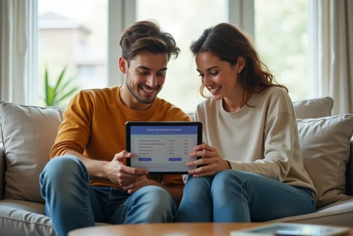 Jeune couple utilisant une tablette pour simuler et comparer différents types de crédits dans leur salon