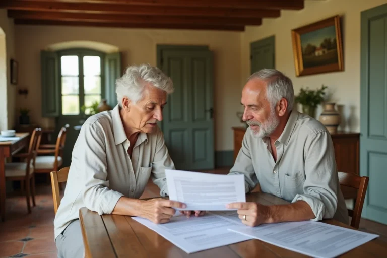 Couple examinant des documents immobiliers pour la vente d'une résidence secondaire dans une maison de campagne en pierre