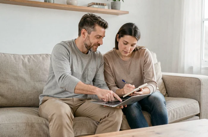 Couple vérifiant ensemble des avis sur un site de recommandations depuis leur salon