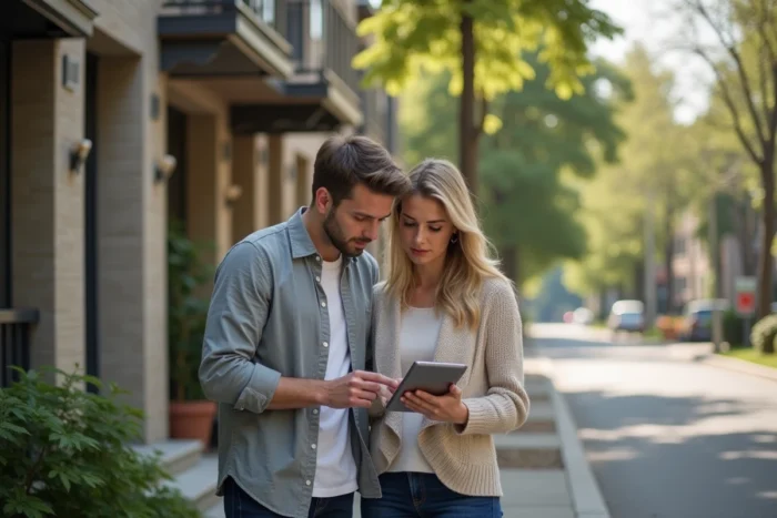 Couple visitant un immeuble résidentiel pour un projet d'investissement immobilier en 2024