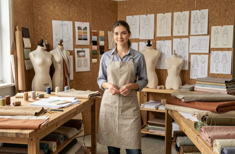 Créatrice de mode dans son atelier entouré de planches d'inspiration, patrons et rouleaux de tissu