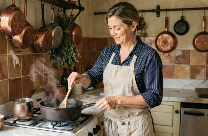 Femme française préparant une recette traditionnelle dans une cuisine rustique parisienne avec une cocotte en fonte