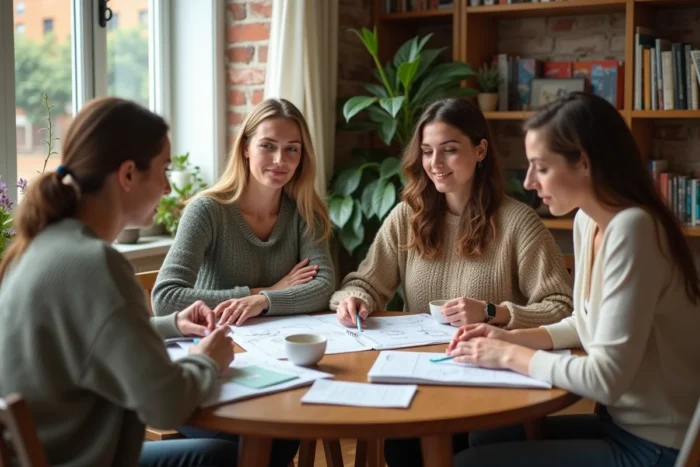 Groupe de femmes en formation doula autour d'une table avec des manuels et des notes lors d'un atelier de cursus professionnel