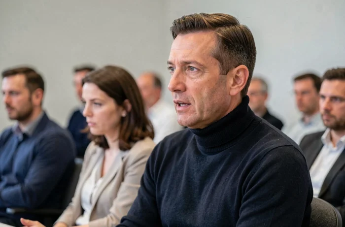 Homme en col roulé modulant son débit de parole avec des pauses intentionnelles lors d'une présentation pour captiver son auditoire