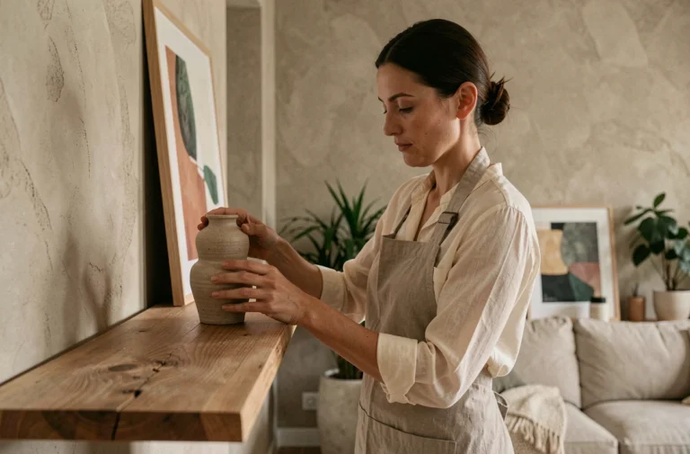 Femme arrangeant une décoration sur mesure avec des céramiques artisanales sur une étagère en bois dans un salon moderne aux tons chaleureux