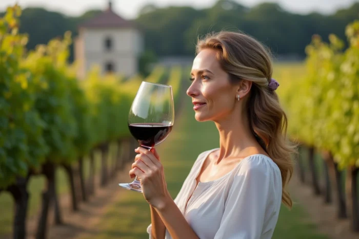 Femme dégustant un verre de vin rouge dans un domaine viticole avec des rangées de vignes en arrière-plan