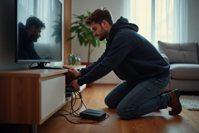 Homme vérifiant les câbles HDMI et le routeur derrière une télévision connectée pour résoudre un problème Disney Plus