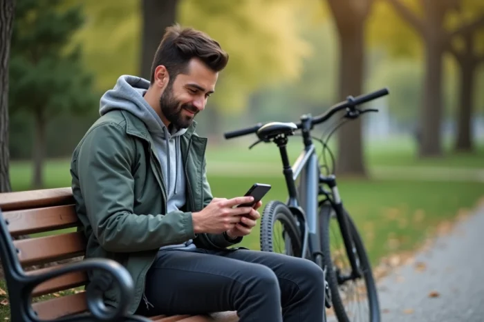 Cycliste urbain consultant une application mobile pour résoudre une panne de vélo électrique en extérieur