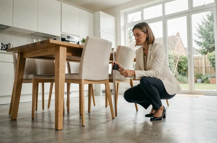 Designer d'intérieur mesurant la hauteur d'assise d'une chaise pour vérifier les dimensions standard autour d'une table
