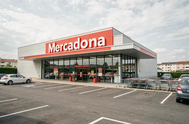 Devanture extérieure d'un magasin Mercadona dans une zone commerciale en France avec enseigne rouge et blanc visible
