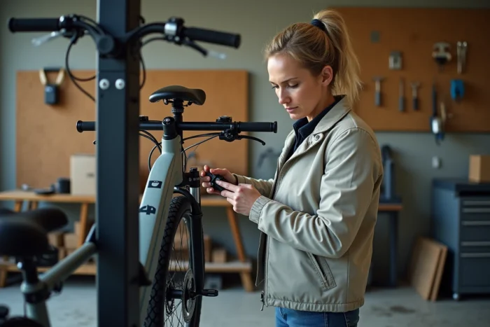 Technicienne vérifiant le moteur d'un vélo électrique en atelier lors d'un diagnostic de panne