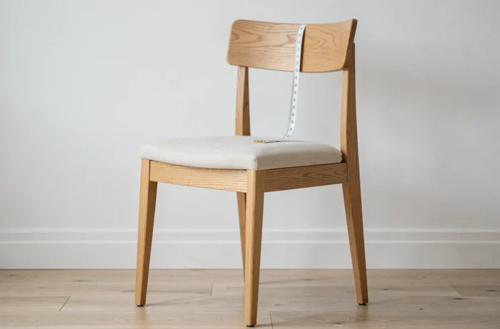 Chaise en bois de chêne avec ruban de mesure illustrant les dimensions standard d'une chaise de salle à manger