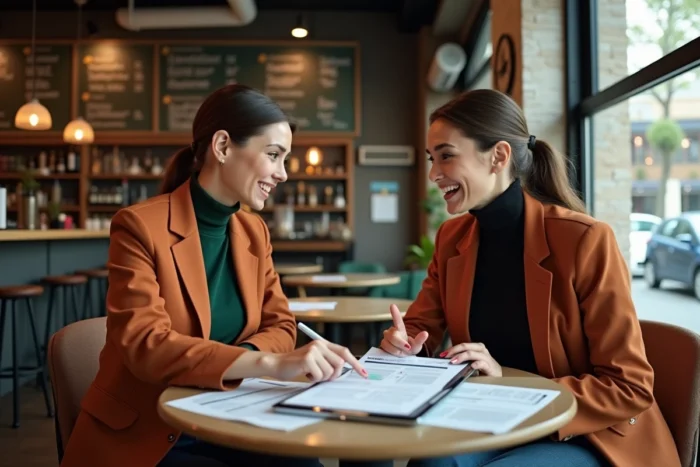 Deux entrepreneures discutant de l'adaptation de conseils business à leur niche spécifique autour d'une table de café, avec des documents annotés et une tablette