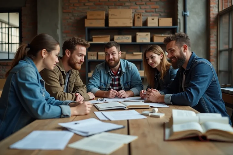 Groupe de militants adultes en discussion autour d'une table dans un loft industriel, illustrant le concept de communisation et de transformation sociale collective