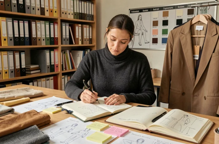 Directrice créative documentant ses décisions de collection dans un journal de conception annoté