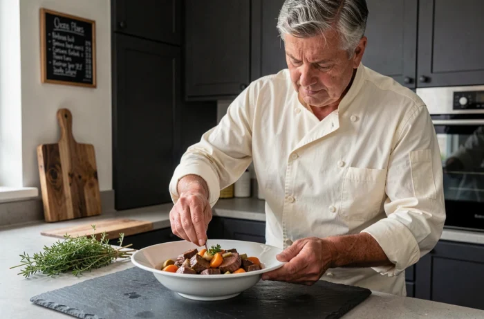 Homme âgé dressant une assiette de boeuf bourguignon maison dans une cuisine française contemporaine avec touches vintage