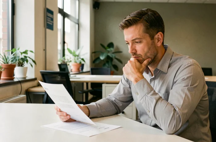 Employé de bureau lisant seul une lettre de mise à pied conservatoire avec une expression réfléchie dans un open space vide