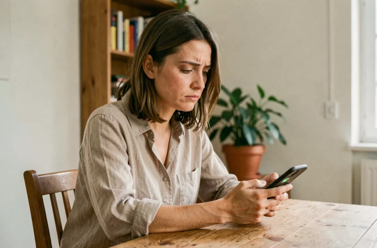 Femme adulte assise seule tenant un téléphone avec un appel en attente, illustrant la distance émotionnelle avec un parent