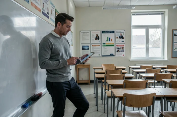 Enseignant consultant une plateforme de développement de carrière sur une tablette dans une salle de classe