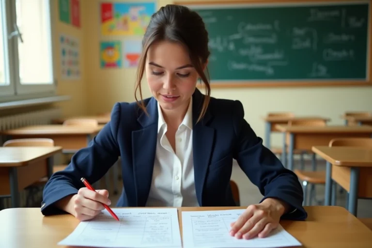 Enseignante consultant une fiche classe 2026 pour préparer la rentrée scolaire dans une salle de classe française
