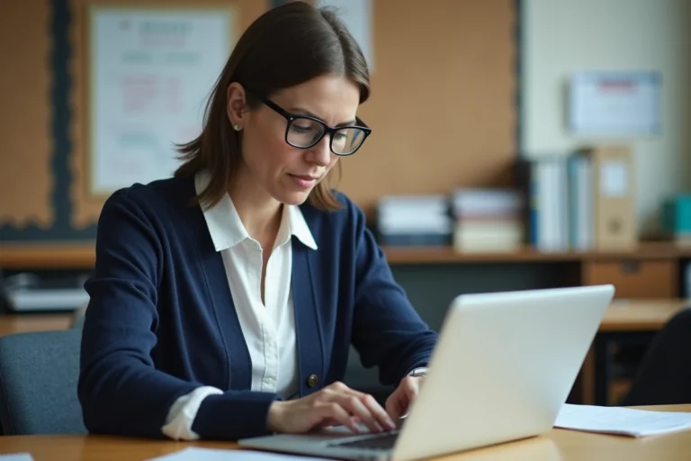 Enseignante utilisant la messagerie Zimbra sur son ordinateur portable dans la salle des professeurs
