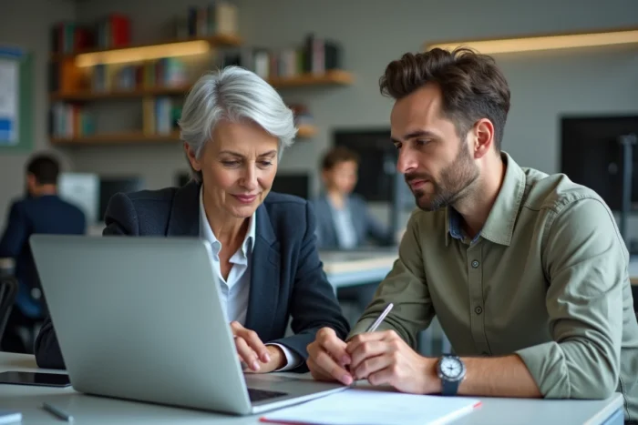 Deux enseignants collaborant sur l'optimisation de la messagerie Zimbra dans un centre de ressources scolaire