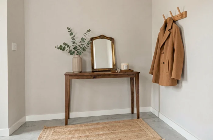 Entrée de maison stylée avec console en chêne fumé, miroir vintage et tapis en jute pour une décoration tendance