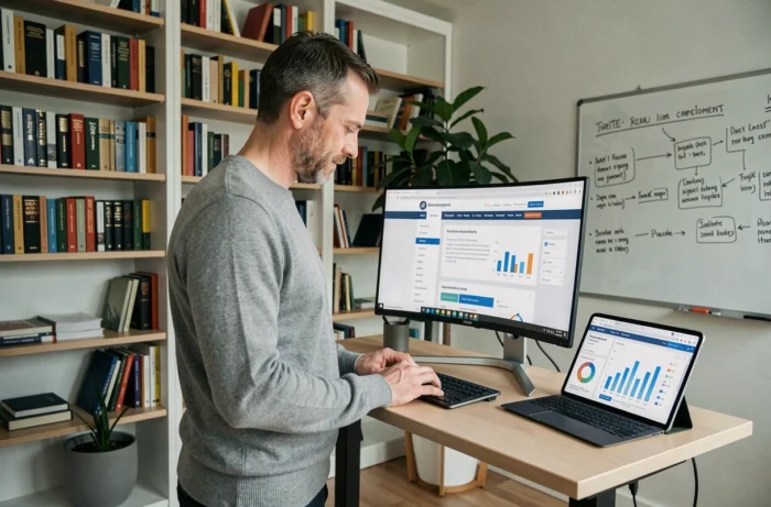 Entrepreneur masculin debout à son bureau à domicile explorant des ressources numériques pour la croissance de son entreprise sur plusieurs écrans