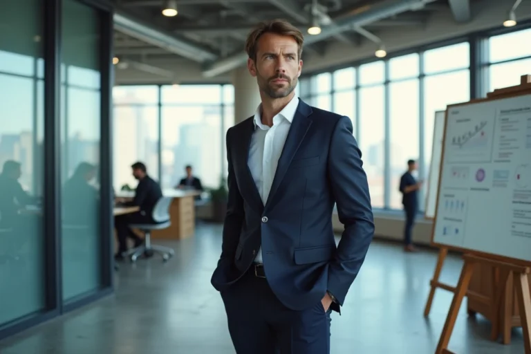 Entrepreneur dans un espace de travail moderne symbolisant le dynamisme et les défis de l'entrepreneuriat