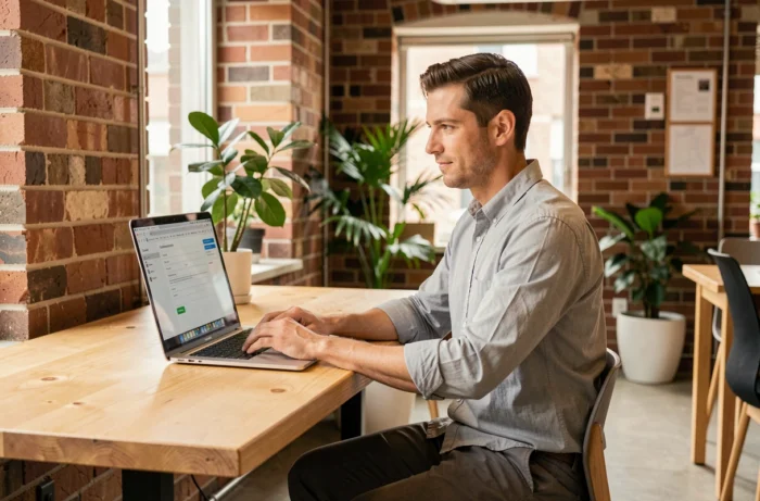 Entrepreneur remplissant un formulaire de contact en ligne sur laptop dans un espace de coworking pour joindre un prestataire B2B