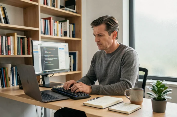 Entrepreneur masculin travaillant sur du machine learning et du développement logiciel depuis un bureau à domicile minimaliste et moderne
