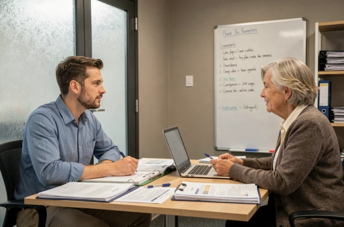 Entretien de carrière entre un technicien territorial et une responsable RH autour de la grille indiciaire de la fonction publique territoriale