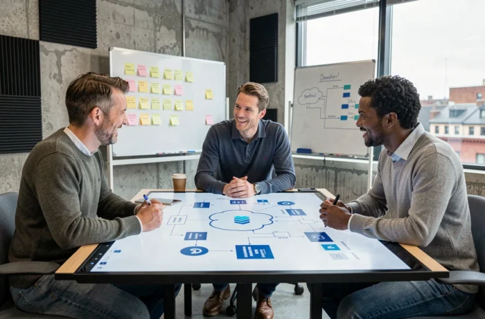 Équipe de professionnels collaborant autour d'une table tactile interactive avec des schémas de cloud computing et de cybersécurité dans une startup technologique