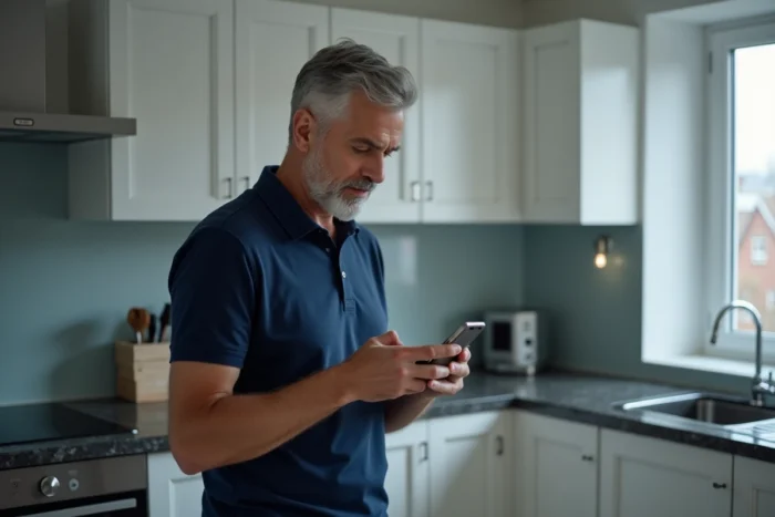 Homme tenant un smartphone affichant une erreur de connexion au compte MyFoncia dans une cuisine moderne