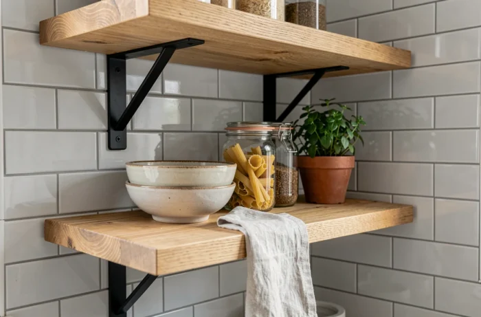 Étagères en chêne dans une cuisine moderne avec céramiques artisanales, bocaux en verre et plantes aromatiques