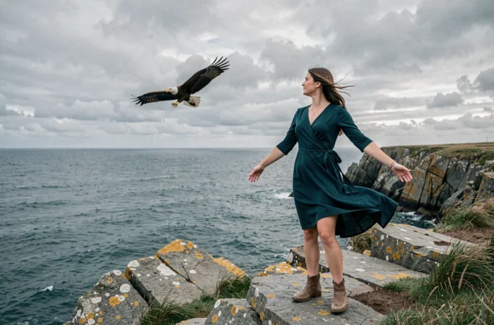 Femme au bord d'une falaise côtière observant un aigle, symbole de son animal totem spirituel
