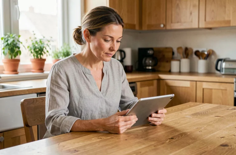 Femme lisant des actualités santé sur une tablette dans une cuisine moderne en bois