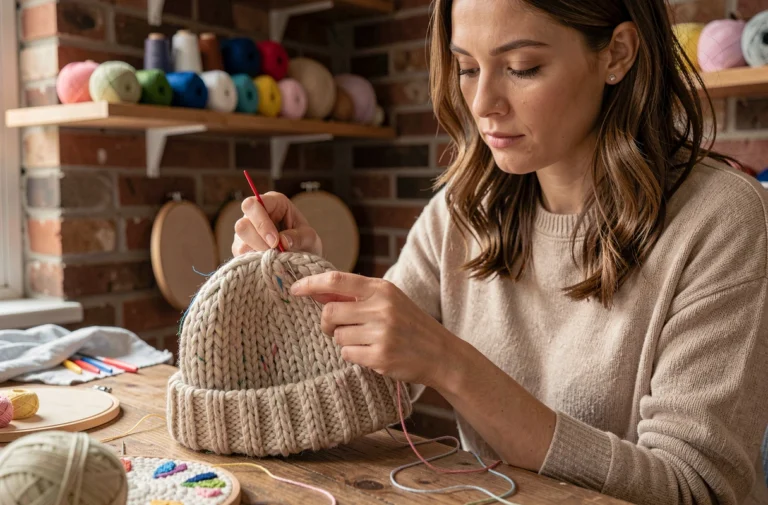 Femme brodant un bonnet en laine tricoté à la main dans un atelier créatif avec fils colorés et outils de broderie