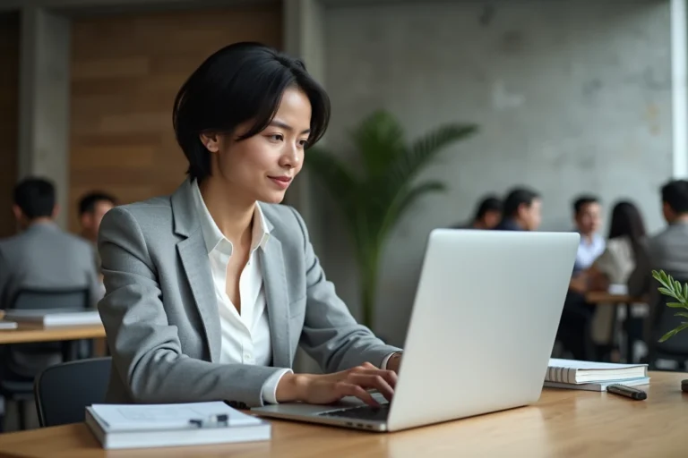 Femme professionnelle évaluant un logiciel de communication d'équipe sur son ordinateur portable dans un bureau moderne en open space