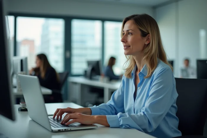 Femme au bureau face à un problème de connexion réseau sur Messenger depuis un ordinateur portable