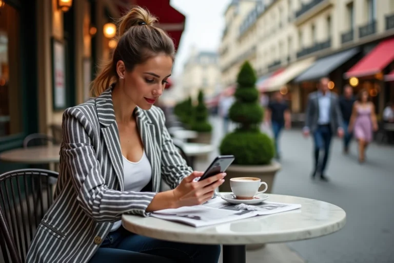 Femme parisienne consultant les tendances de l'actualité française sur son smartphone en terrasse de café