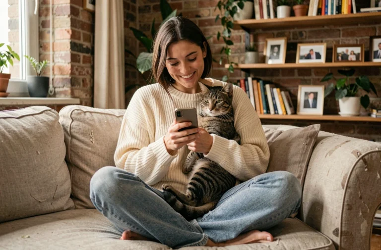 Femme tenant son chat tabby dans un appartement parisien tout en utilisant une application communauté pour passionnés de chats sur smartphone