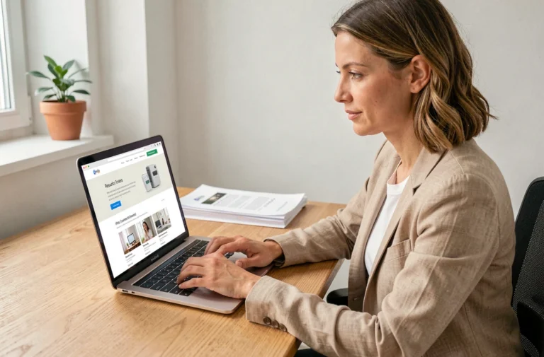Femme consultant le site Michelle Dastier sur un ordinateur portable dans un bureau à domicile moderne