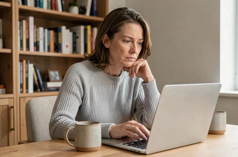 Femme consultant des avis en ligne sur un site comme Amevista depuis son bureau à domicile