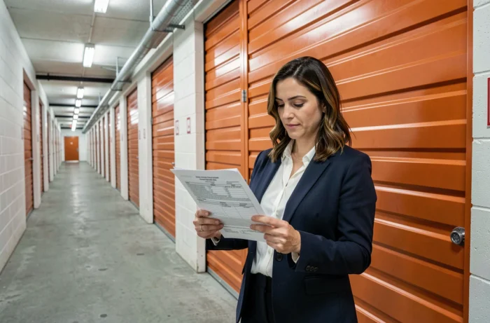 Femme consultant un contrat de location devant des box de stockage dans un couloir de self-stockage