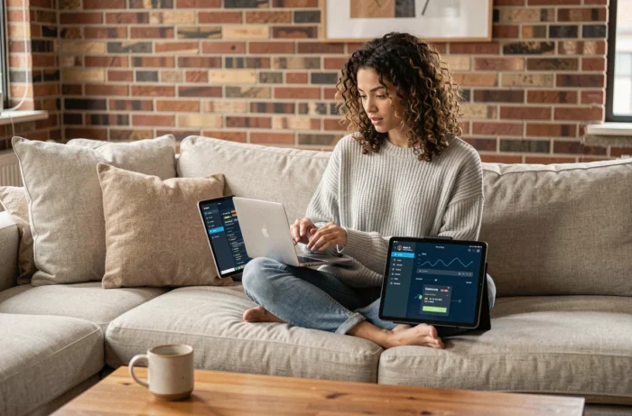 Femme débutante explorant une interface de portefeuille blockchain Robthecoins sur laptop et tablette dans un appartement moderne
