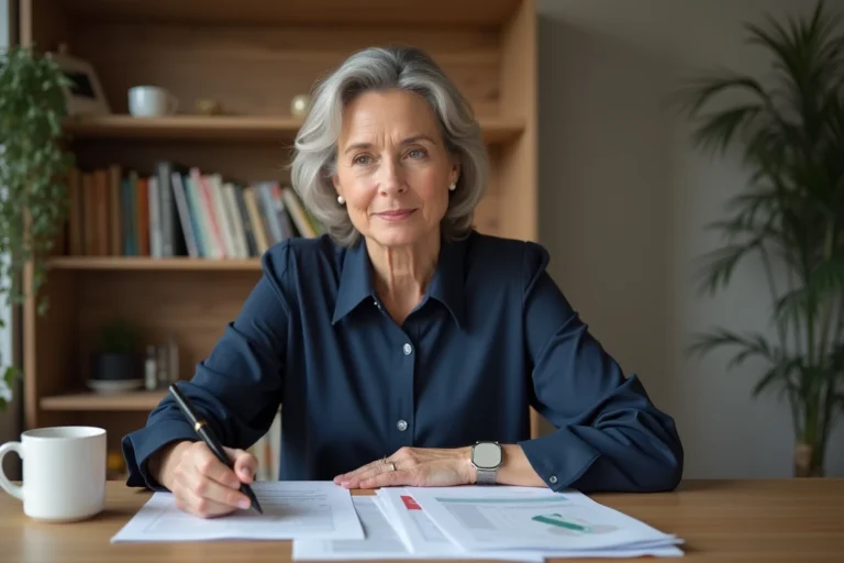 Femme consultant des documents de crédit à la table de sa cuisine, stylo en main, pour choisir le bon type de prêt