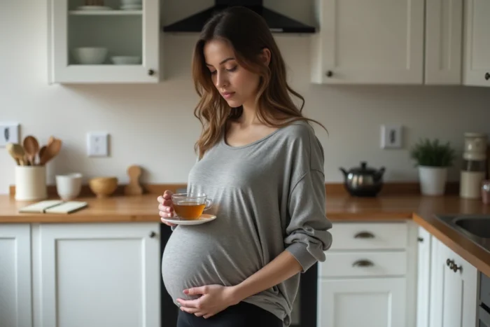 Femme enceinte debout dans une cuisine moderne tenant une tasse de tisane, ventre apparent, à quelques jours de l'accouchement